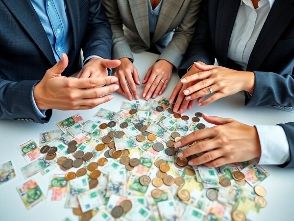Oameni de afaceri discută, cu bancnote și monede pe masă.